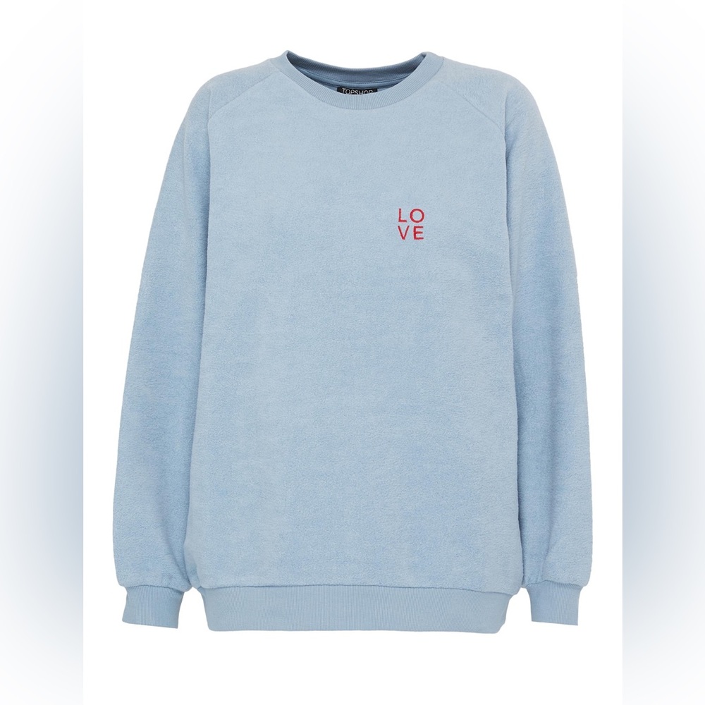 Topshop “LOVE” embroidered pullover, light blue.